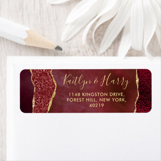 Elegant Burgundy & Gold Agate Wedding Etiket (Insitu)