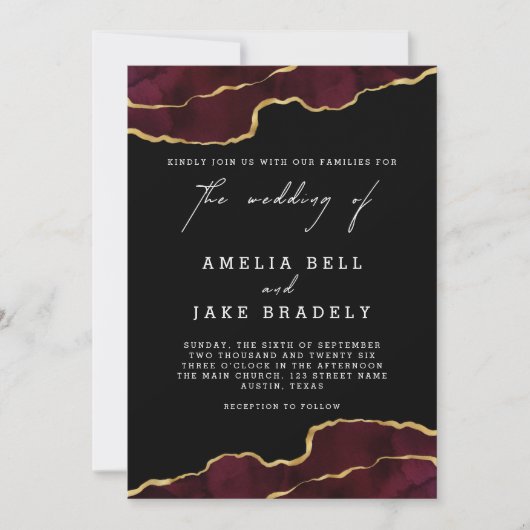 Elegant Burgundy Gold Agate Wedding Invitation Kaart (Voorkant)