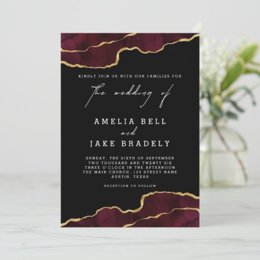 Elegant Burgundy Gold Agate Wedding Invitation Kaart (Staand voorkant)