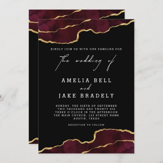 Elegant Burgundy Gold Agate Wedding Invitation Kaart (Voorkant / Achterkant)