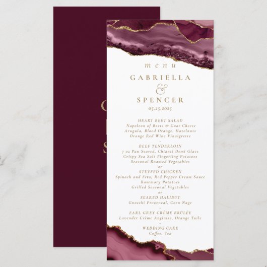 Elegant Burgundy Gold Agate Wedding Menu (Voorkant / Achterkant)