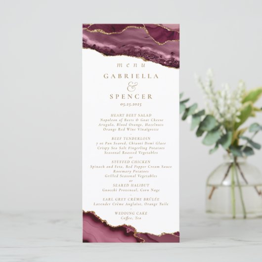 Elegant Burgundy Gold Agate Wedding Menu (Staand voorkant)
