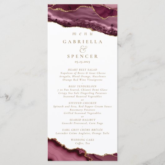 Elegant Burgundy Gold Agate Wedding Menu (Voorkant)