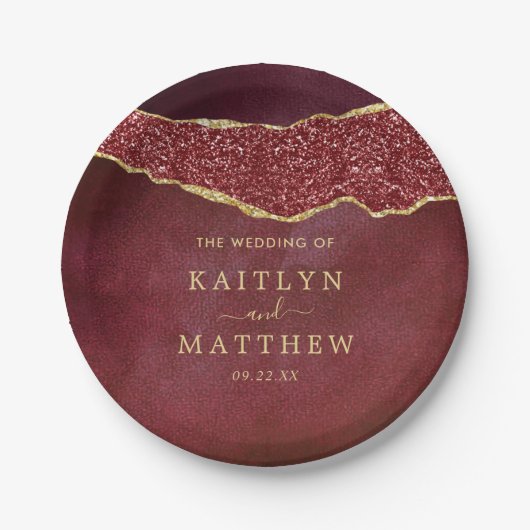Elegant Burgundy & Gold Agate Wedding Papieren Bordje (Voorkant)