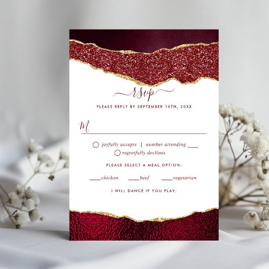 Elegant Burgundy & Gold Agate Wedding RSVP Kaartje