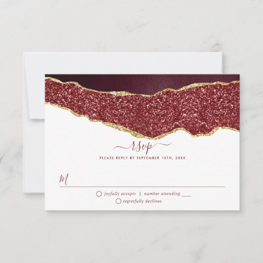 Elegant Burgundy & Gold Agate Wedding RSVP Kaartje (Voorkant)