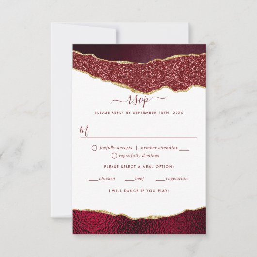 Elegant Burgundy & Gold Agate Wedding RSVP Kaartje (Voorkant)