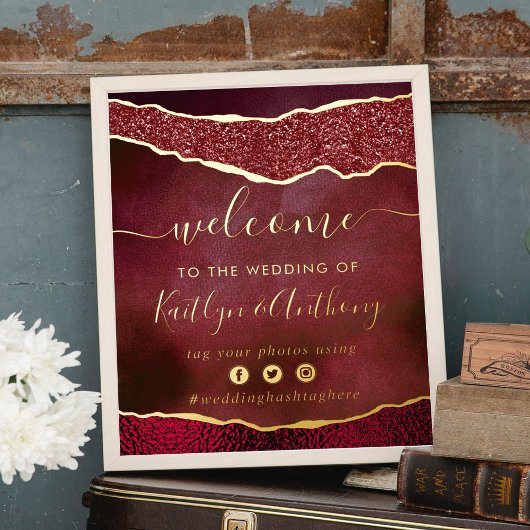 Elegant Burgundy & Gold Agate Wedding Welkom Folie Afdrukken