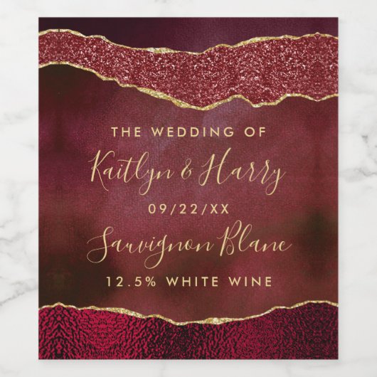 Elegant Burgundy & Gold Agate Wedding Wijn Etiket (Enkel label)