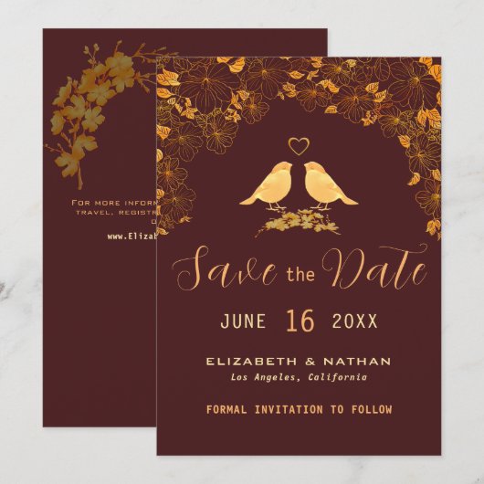 Elegant Burgundy & Gold Birds Floral Pattern Save The Date (Voorkant / Achterkant)