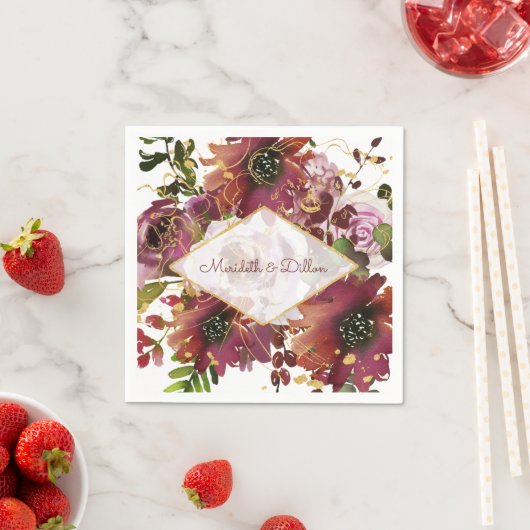Elegant Burgundy Gold Blush Pink Floral Weddenscha Servet (Insitu)