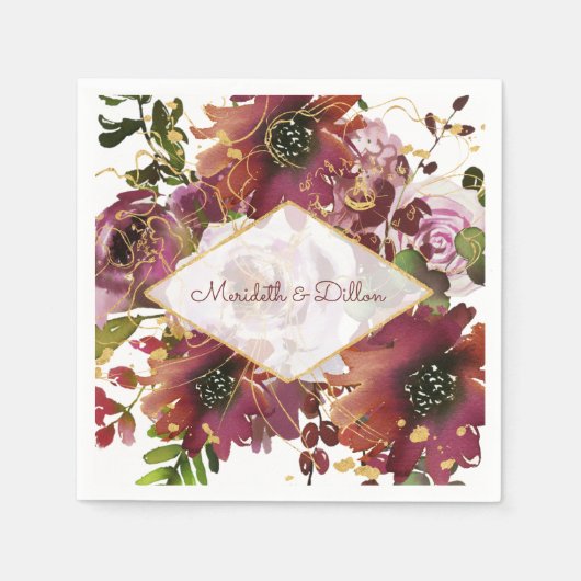 Elegant Burgundy Gold Blush Pink Floral Weddenscha Servet (Voorkant)