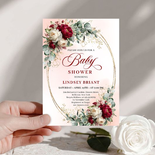 Elegant Burgundy Gold Boho Baby Shower Invitation Kaart