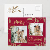 Elegant Burgundy Gold Botanical 2-foto met kerstmi Briefkaart (Voorkant / Achterkant)