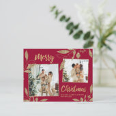 Elegant Burgundy Gold Botanical 2-foto met kerstmi Briefkaart (Staand voorkant)