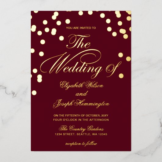 Elegant Burgundy Gold Confetti Wedding Folie Uitnodiging (Voorkant)