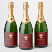 Elegant Burgundy Gold Cross 1st Commune Sparkling Wijnetiket (Flessen)