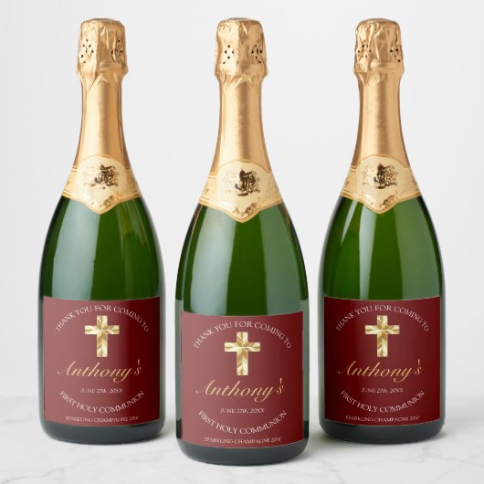 Elegant Burgundy Gold Cross 1st Commune Sparkling Wijnetiket (Flessen)