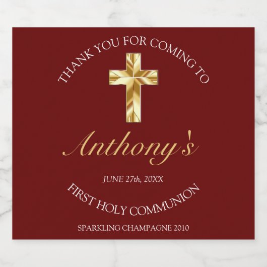 Elegant Burgundy Gold Cross 1st Commune Sparkling Wijnetiket (Enkel label)