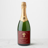 Elegant Burgundy Gold Cross 1st Commune Sparkling Wijnetiket (Voorkant)