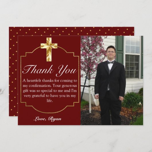 Elegant Burgundy Gold Cross bevestiging Bedankkaart (Voorkant / Achterkant)