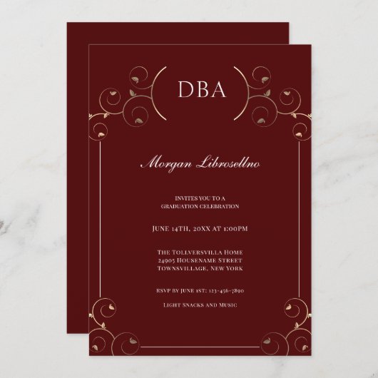 Elegant Burgundy Gold DBA-Afstuderen Kaart (Voorkant / Achterkant)