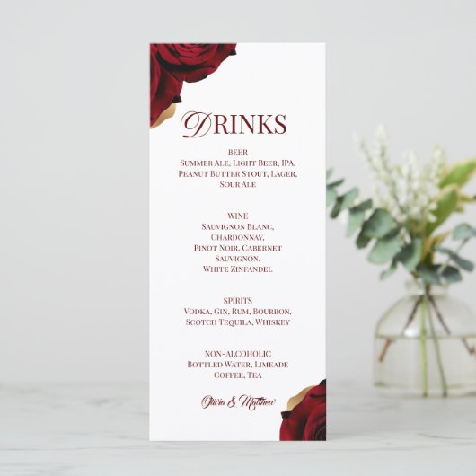 Elegant Burgundy Gold Drink Menu (Staand voorkant)