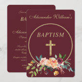 Elegant Burgundy Gold Floral Baby Christening Kaart (Voorkant / Achterkant)