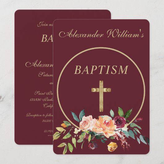 Elegant Burgundy Gold Floral Baby Christening Kaart (Voorkant / Achterkant)
