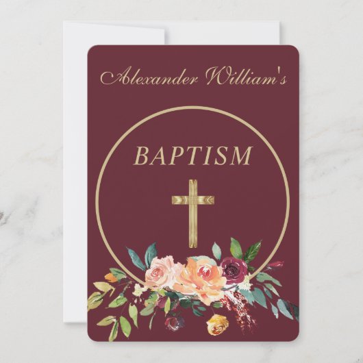 Elegant Burgundy Gold Floral Baby Christening Kaart (Voorkant)