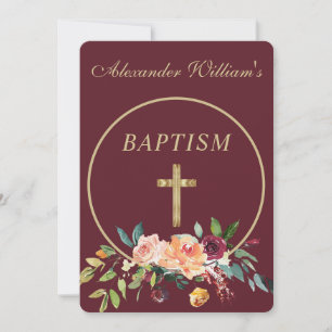 Elegant Burgundy Gold Floral Baby Christening Kaart