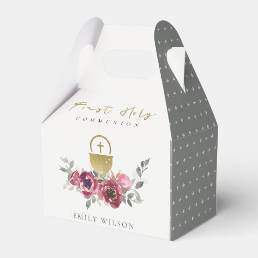 ELEGANT BURGUNDY GOLD FLORAL FIRST HOLY COMMUNION BEDANKDOOSJES (Voorkant Zijde)