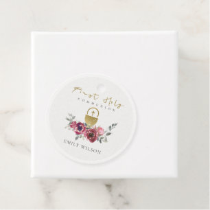 ELEGANT BURGUNDY GOLD FLORAL FIRST HOLY COMMUNION BEDANKJES LABELS