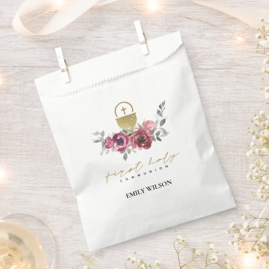 ELEGANT BURGUNDY GOLD FLORAL FIRST HOLY COMMUNION BEDANKZAKJE (Geknipt)