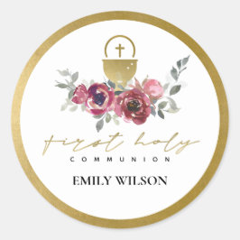 ELEGANT BURGUNDY GOLD FLORAL FIRST HOLY COMMUNION RONDE STICKER