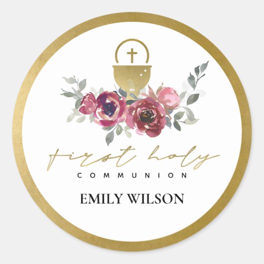 ELEGANT BURGUNDY GOLD FLORAL FIRST HOLY COMMUNION RONDE STICKER (Voorkant)