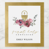 ELEGANT BURGUNDY GOLD FLORAL FIRST HOLY COMMUNION WIJN ETIKET (Enkel label)