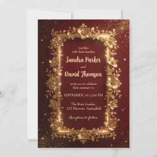 Elegant Burgundy & Gold Floral Frame Wedding Kaart