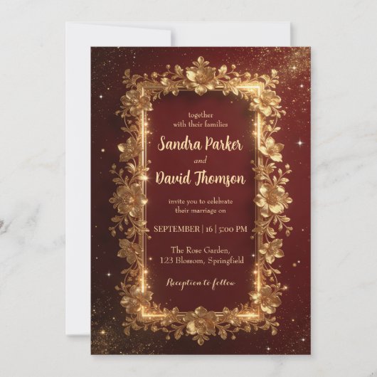 Elegant Burgundy & Gold Floral Frame Wedding  Kaart (Voorkant)