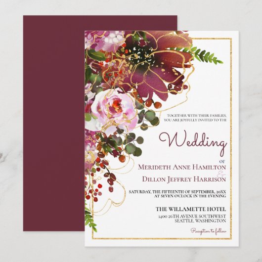 Elegant Burgundy Gold Floral Modern Wedding Kaart (Voorkant / Achterkant)