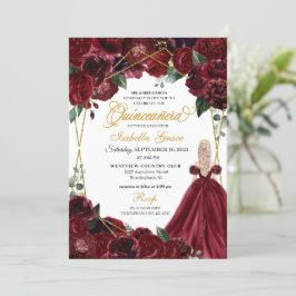 Elegant Burgundy & Gold Floral Quinceanera Invita Kaart