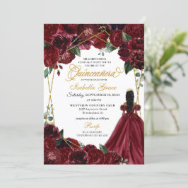 Elegant Burgundy & Gold Floral Quinceanera Invitat Kaart
