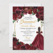 Elegant Burgundy & Gold Floral Quinceanera Invitat Kaart (Voorkant)