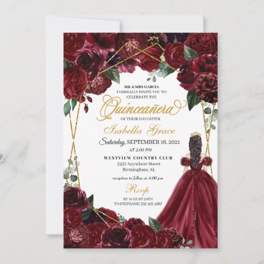 Elegant Burgundy & Gold Floral Quinceanera Invitat Kaart (Voorkant)