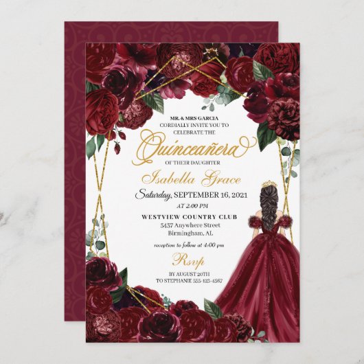 Elegant Burgundy & Gold Floral Quinceanera Invitat Kaart (Voorkant / Achterkant)