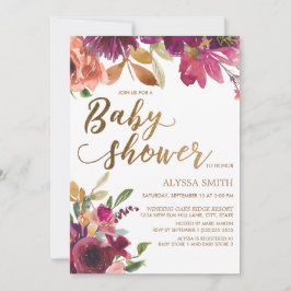Elegant Burgundy Gold Floral Script Baby shower Kaart