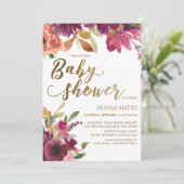 Elegant Burgundy Gold Floral Script Baby shower Kaart (Staand voorkant)