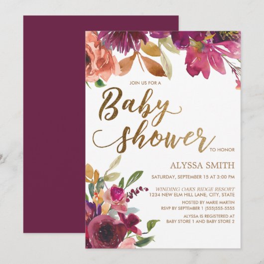Elegant Burgundy Gold Floral Script Baby shower Kaart (Voorkant / Achterkant)