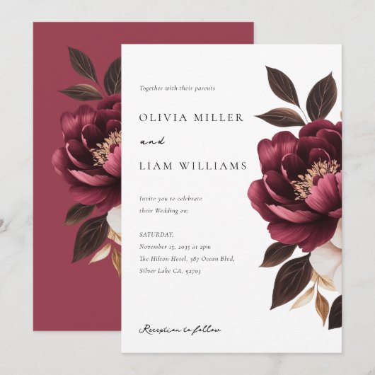 Elegant Burgundy Gold Floral Wedding Kaart (Voorkant / Achterkant)