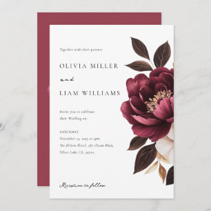 Elegant Burgundy Gold Floral Wedding Kaart